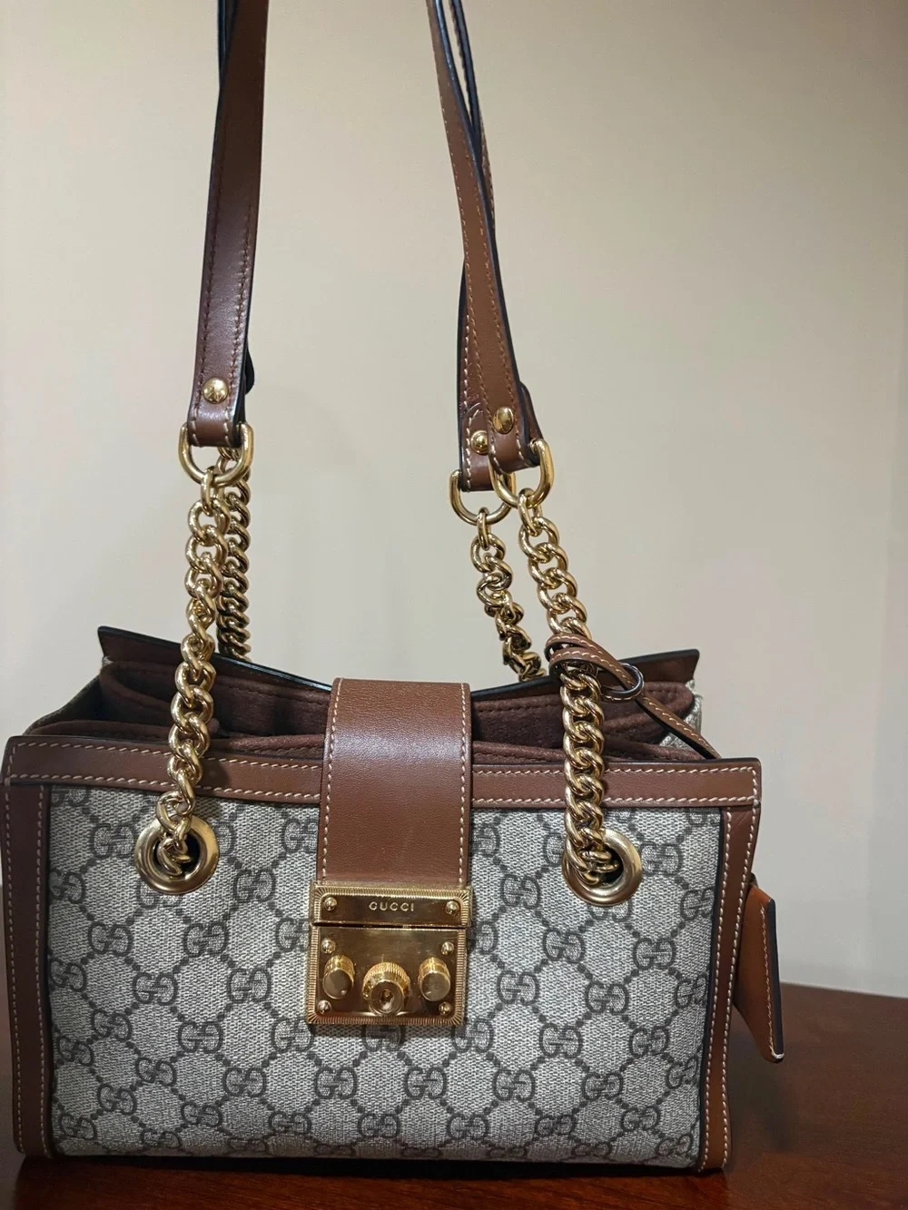 Gucci Brown GG Supreme Leather-Trim Shoulder Bag with Gold Hardware